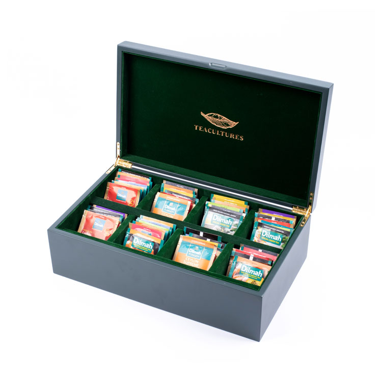 Wooden Box Factory Customized Logo Purple Piano Finishing Multi Compartment Storage And Display Tea Bag Wooden Packaging Box