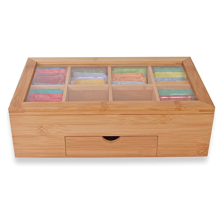 Products Tea Box Bag Storage Holder Organizer Bamboo Wood Chest Container Has 8 Compartments Comes with Drawer Complete
