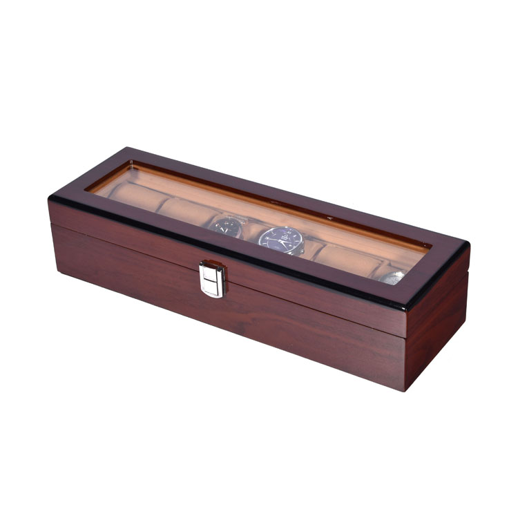 Wholesale Brown 6 Slot Watch Presentation Packaging Box With Clear Window Wooden Watch Box 6 Slot