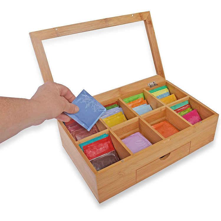 Products Tea Box Bag Storage Holder Organizer Bamboo Wood Chest Container Has 8 Compartments Comes with Drawer Complete