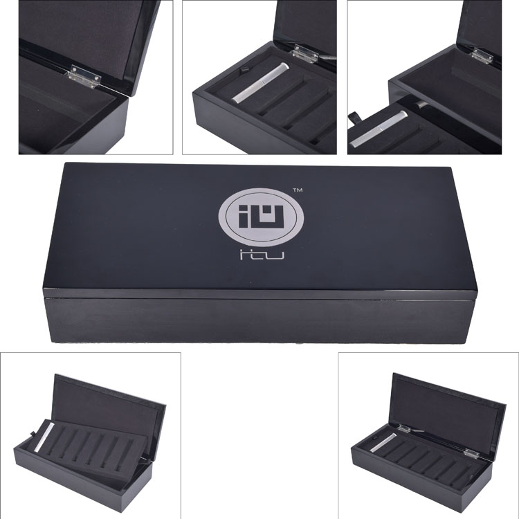 Rectangular Black High-gloss Paint Embedded Metal Logo Craft Removable Black EVA Inner Holder Multi-bottle Perfume Essential Oil Display Storage Packaging Box