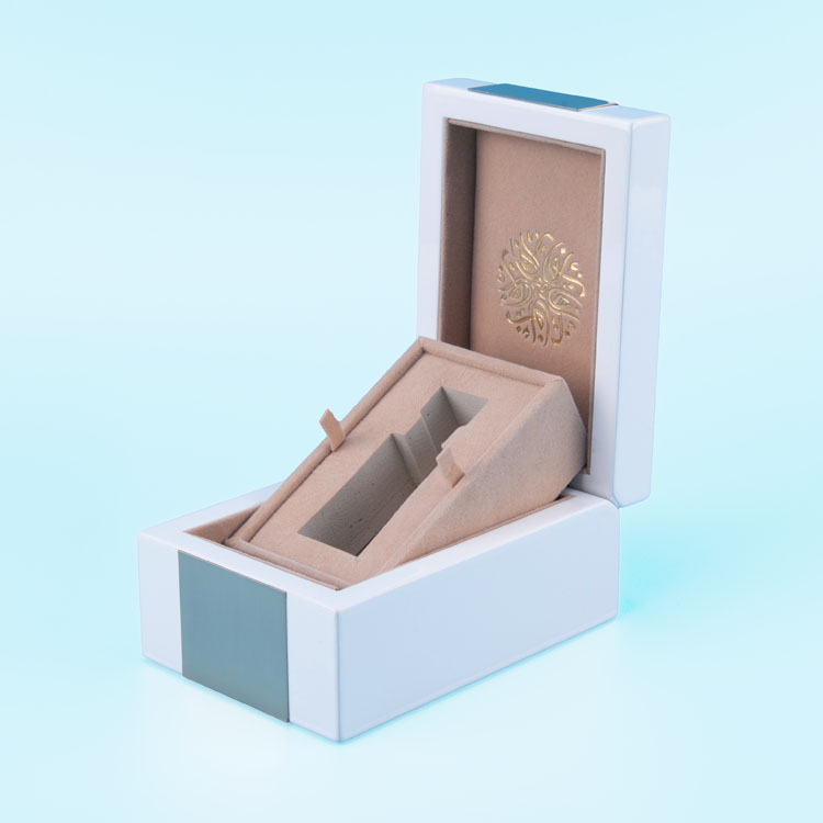 Small And Elegant White Painted Wooden Perfume Box Packaging Box with Brushed Stainless Steel Accessories
