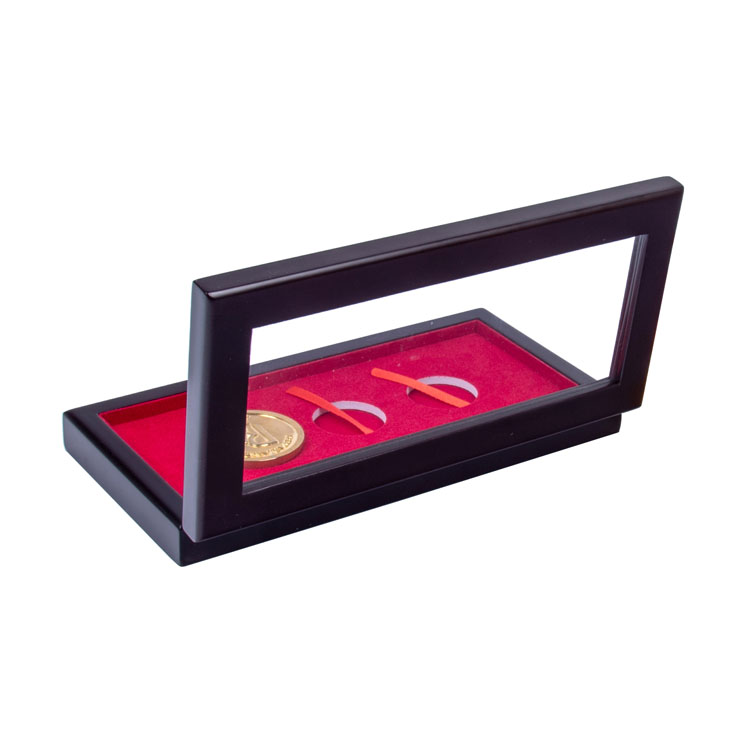 Luxury Custom Logo 3 Slots Collection Coins Wood Box Souvenir Mdf Wooden Silver Coin Box For Display Woodbox