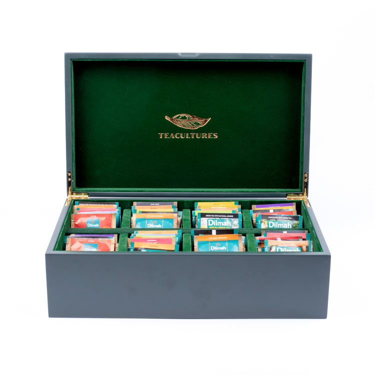 Wooden Box Factory Customized Logo Purple Piano Finishing Multi Compartment Storage And Display Tea Bag Wooden Packaging Box