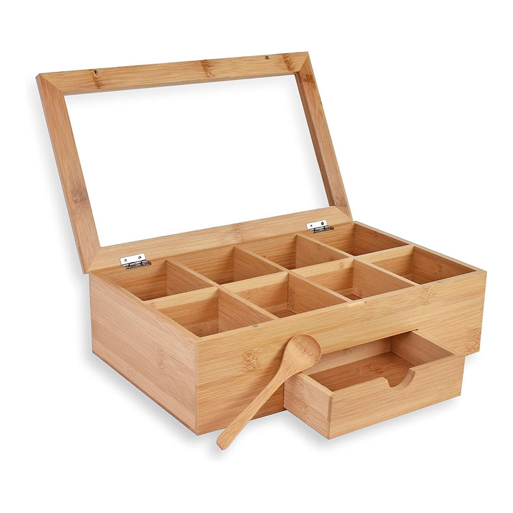 Products Tea Box Bag Storage Holder Organizer Bamboo Wood Chest Container Has 8 Compartments Comes with Drawer Complete