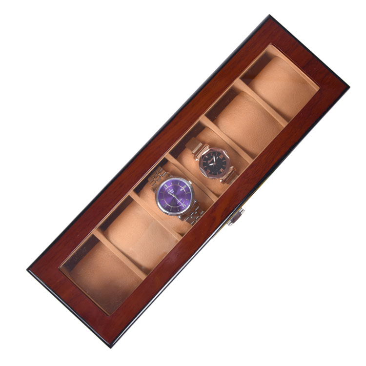 Wholesale Brown 6 Slot Watch Presentation Packaging Box With Clear Window Wooden Watch Box 6 Slot
