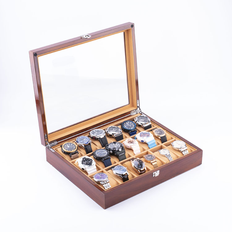 WoodBox Factory High Quality 18 Slots Watch Storage Organizer With Clear Lid