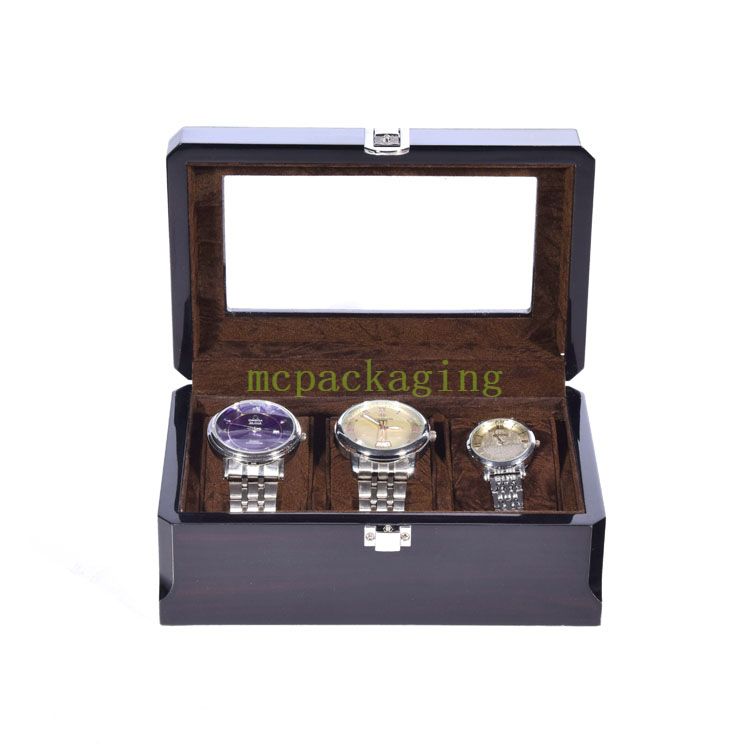 High End Black 3 Slots Display Wooden Watch Packaging Storage Box With Clear Window wood packing box