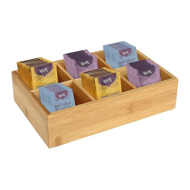 Bamboo Tea Bag Organizer Wood Hot Tea Bag Drawer Storage Organizer Holder with 6 Compartments Tea Chest Box for Coffee Station