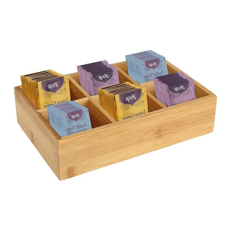 Bamboo Tea Bag Organizer Wood Hot Tea Bag Drawer Storage Organizer Holder with 6 Compartments Tea Chest Box for Coffee Station