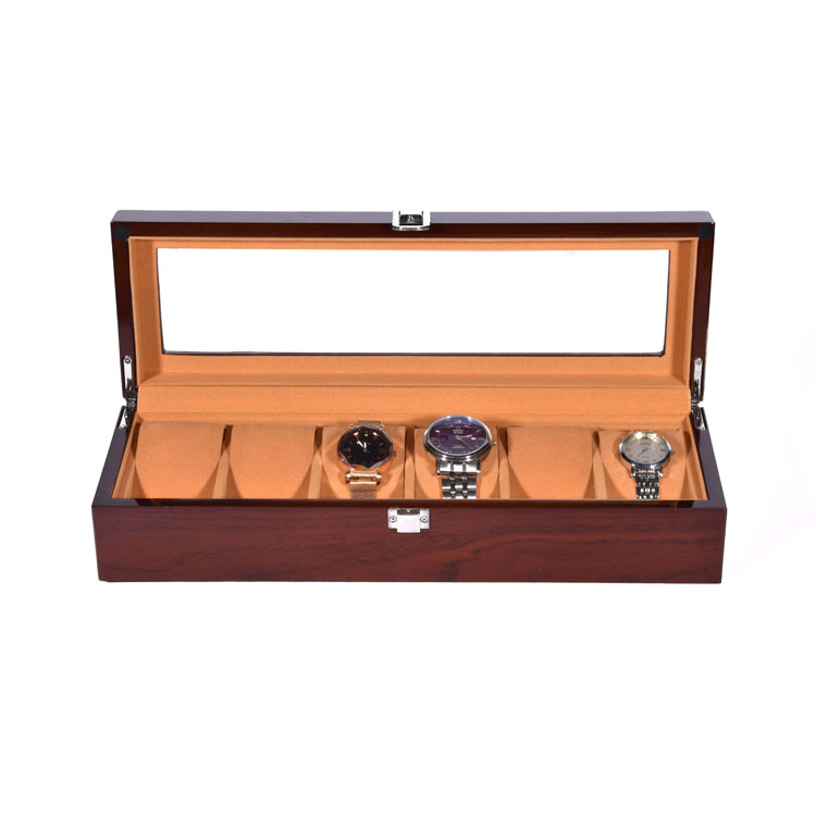 Wholesale Brown 6 Slot Watch Presentation Packaging Box With Clear Window Wooden Watch Box 6 Slot