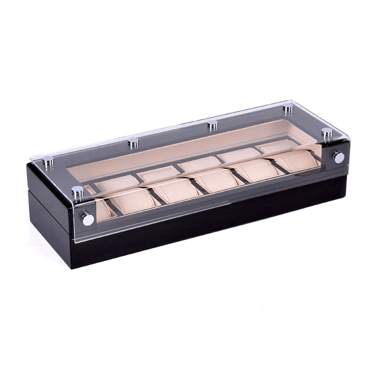 Luxury Black 6 Slots Display Wooden Watch Storage Box With Leather Pillow