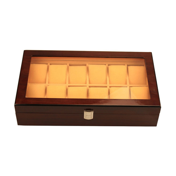 Wholesale Hot Selling 12 Slots Wooden Watch Storage Box With Clear Lid