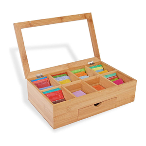 Products Tea Box Bag Storage Holder Organizer Bamboo Wood Chest Container Has 8 Compartments Comes with Drawer Complete