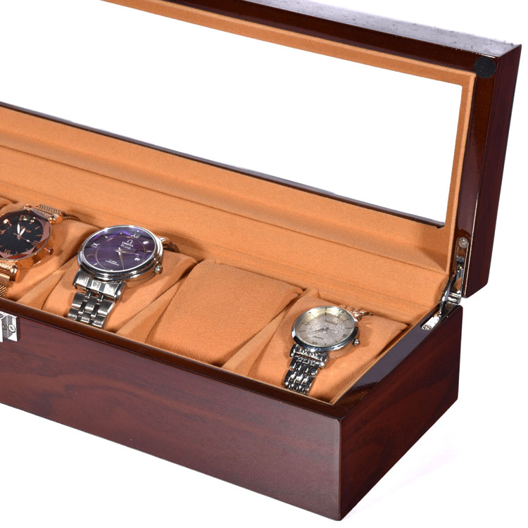 Wholesale Brown 6 Slot Watch Presentation Packaging Box With Clear Window Wooden Watch Box 6 Slot