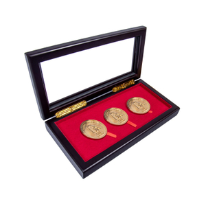 Luxury Custom Logo 3 Slots Collection Coins Wood Box Souvenir Mdf Wooden Silver Coin Box For Display Woodbox