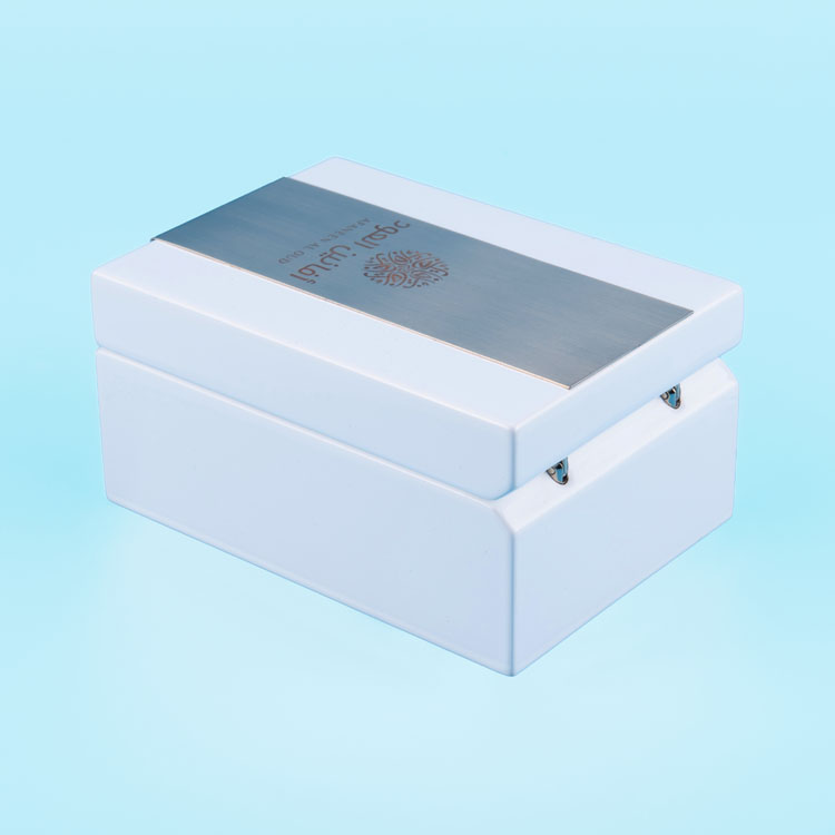 Small And Elegant White Painted Wooden Perfume Box Packaging Box with Brushed Stainless Steel Accessories