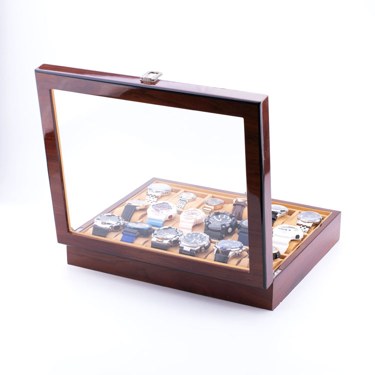 WoodBox Factory High Quality 18 Slots Watch Storage Organizer With Clear Lid