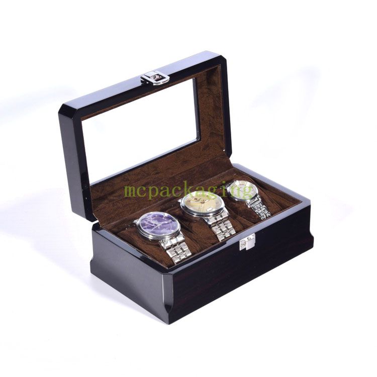 High End Black 3 Slots Display Wooden Watch Packaging Storage Box With Clear Window wood packing box