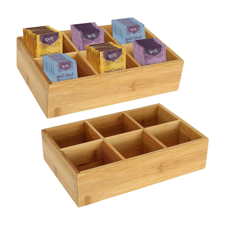 Bamboo Tea Bag Organizer Wood Hot Tea Bag Drawer Storage Organizer Holder with 6 Compartments Tea Chest Box for Coffee Station