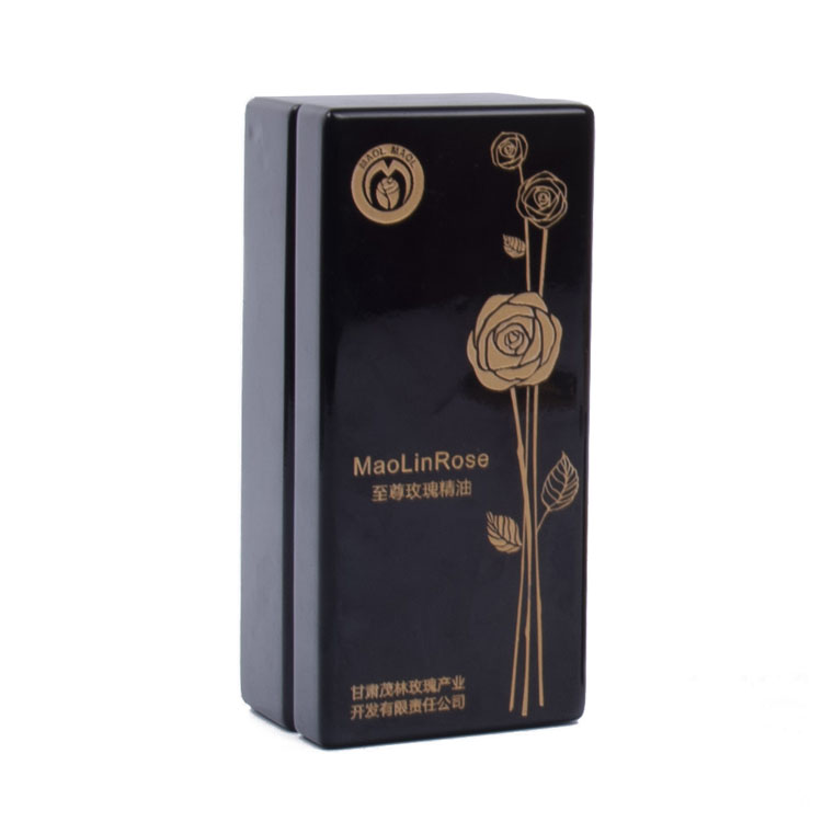 Rectangular Elastic Hinge Side Flip Black Glossy Paint Essential Oil Perfume Wooden Box Packaging Custom Beige Beaded Velvet Interior