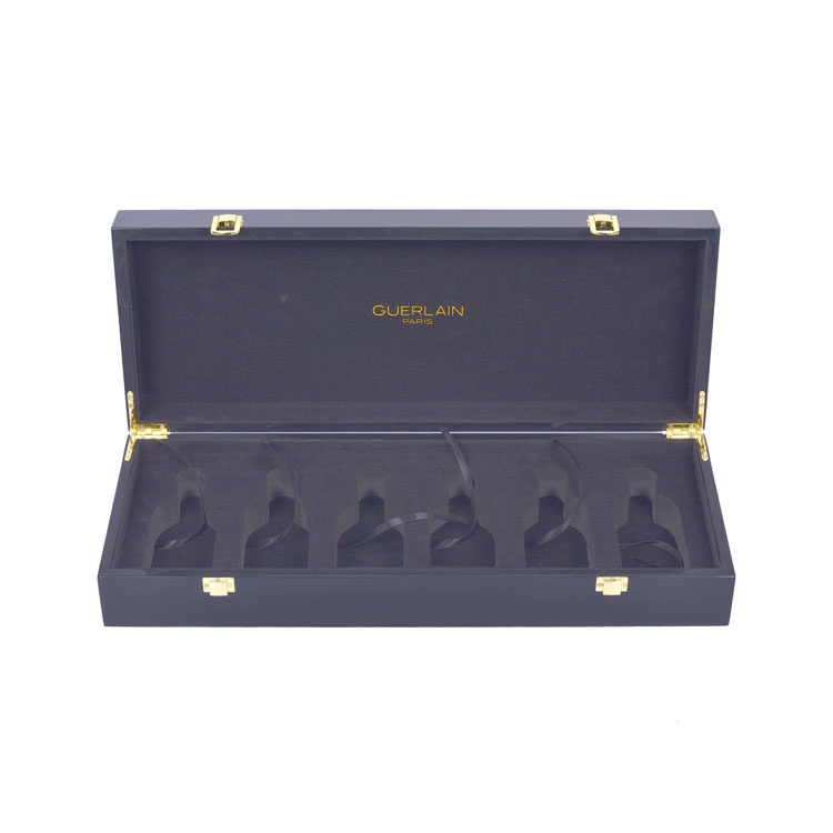 Black Two Seven-character Hinges Two Japanese-character Gold Locks Black Flannel EVA Open Hole Inner Tray 6 Bottles of Wooden Paint Perfume Box Packaging