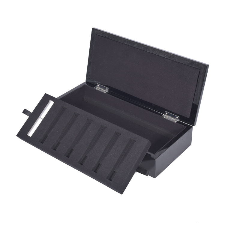 Rectangular Black High-gloss Paint Embedded Metal Logo Craft Removable Black EVA Inner Holder Multi-bottle Perfume Essential Oil Display Storage Packaging Box