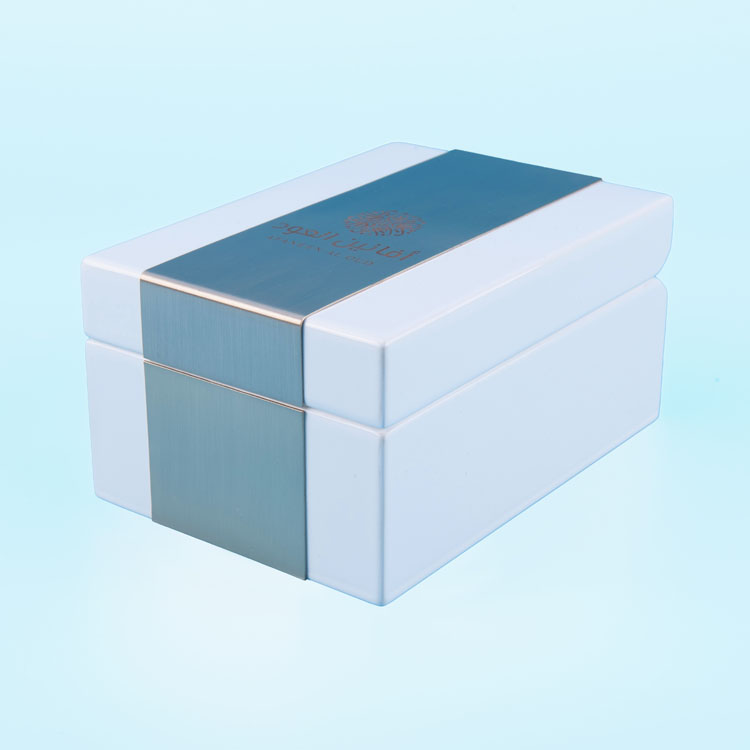 Small And Elegant White Painted Wooden Perfume Box Packaging Box with Brushed Stainless Steel Accessories
