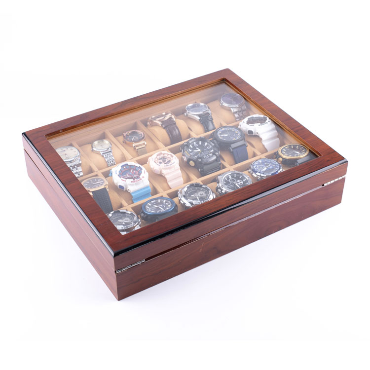 WoodBox Factory High Quality 18 Slots Watch Storage Organizer With Clear Lid