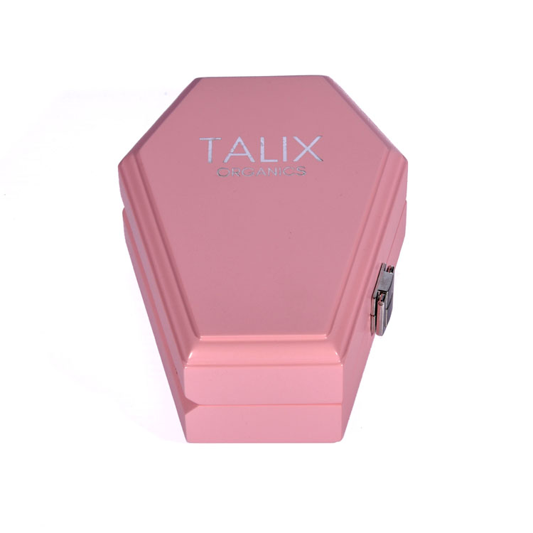 Silver Double Column Hinge Japanese Lock Pink PU Leather Interior Creative Hexagonal Coffin-shaped Perfume Wooden Box Packaging Custom Made