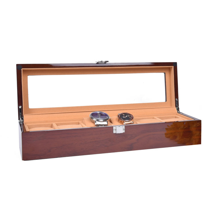 Wholesale Brown 6 Slot Watch Presentation Packaging Box With Clear Window Wooden Watch Box 6 Slot