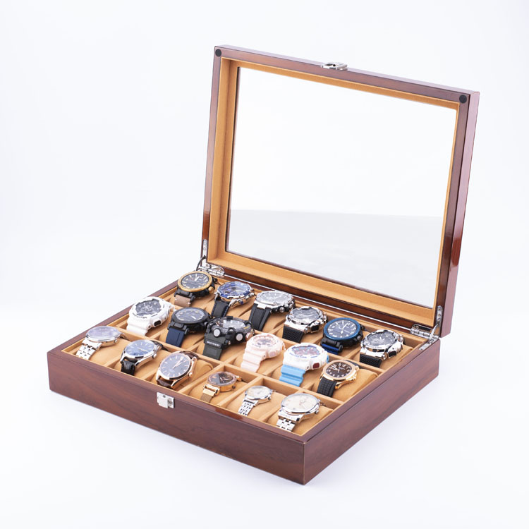 WoodBox Factory High Quality 18 Slots Watch Storage Organizer With Clear Lid