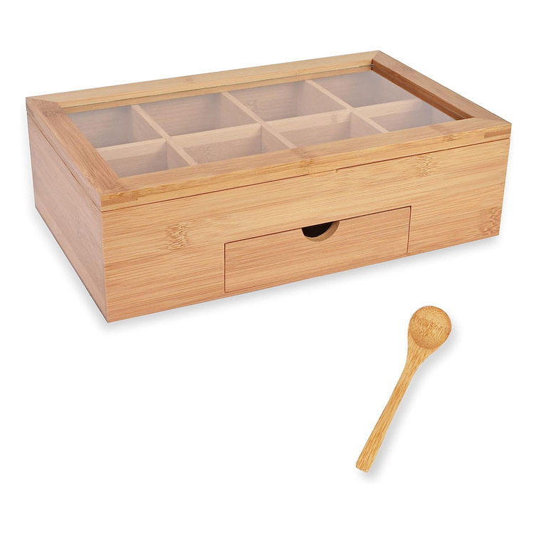 Products Tea Box Bag Storage Holder Organizer Bamboo Wood Chest Container Has 8 Compartments Comes with Drawer Complete