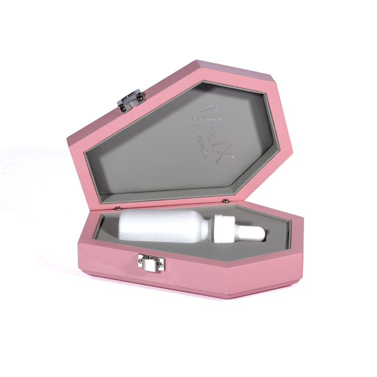 Silver Double Column Hinge Japanese Lock Pink PU Leather Interior Creative Hexagonal Coffin-shaped Perfume Wooden Box Packaging Custom Made