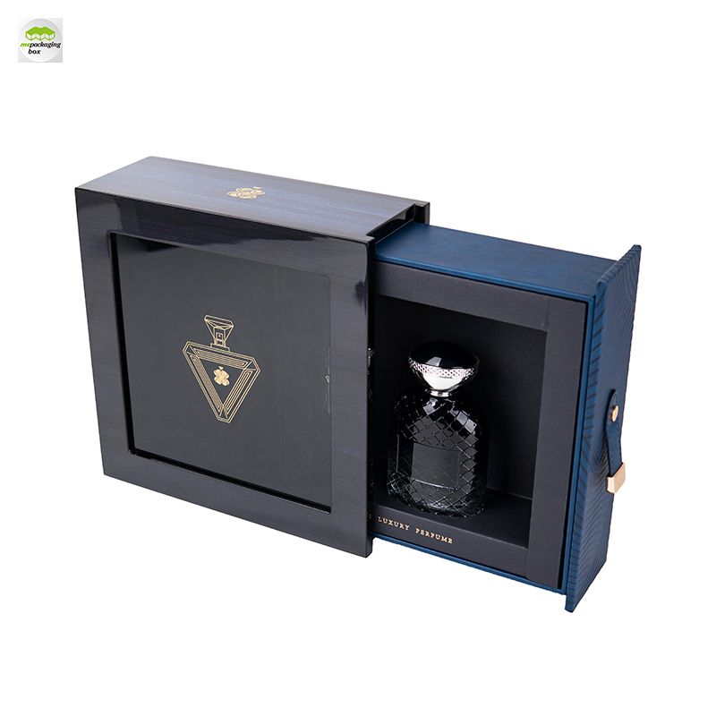 Luxury Custom Perfume Gift Box, Dark Blue Textured Rigid Box with Acrylic Window, Premium Fragrance Packaging Box for Perfume Bottle