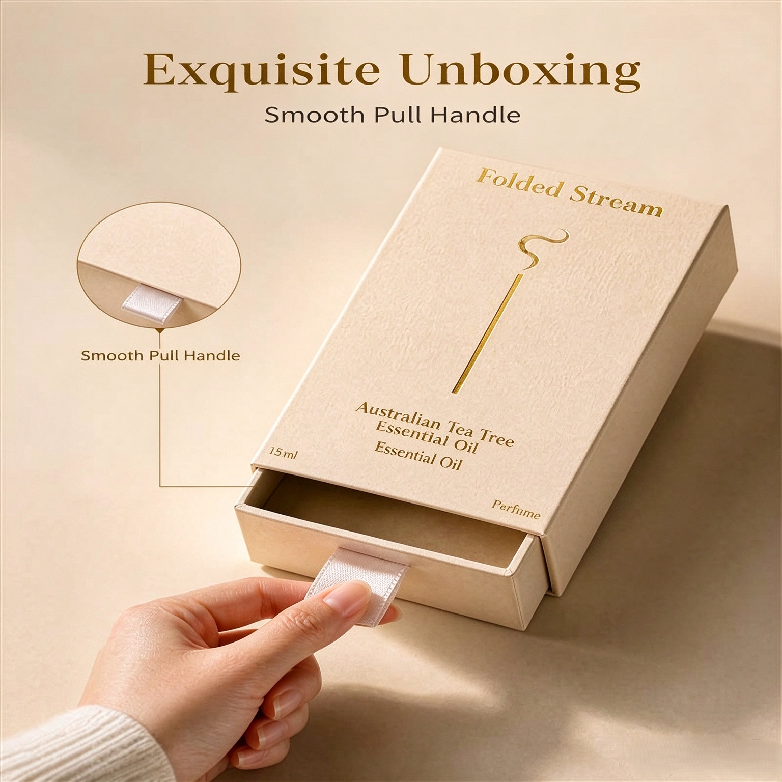 Luxury Grass Paper Drawer Perfume Box, Custom Gold Foil Logo Essential Oil Gift Box With Ribbon Pull Tab