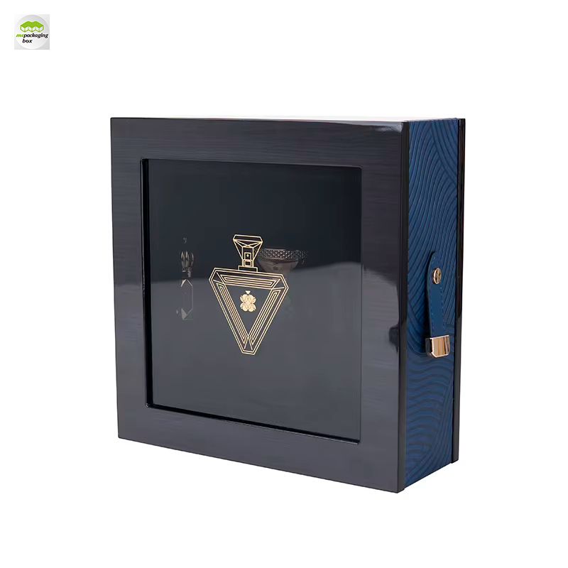 Luxury Custom Perfume Gift Box, Dark Blue Textured Rigid Box with Acrylic Window, Premium Fragrance Packaging Box for Perfume Bottle