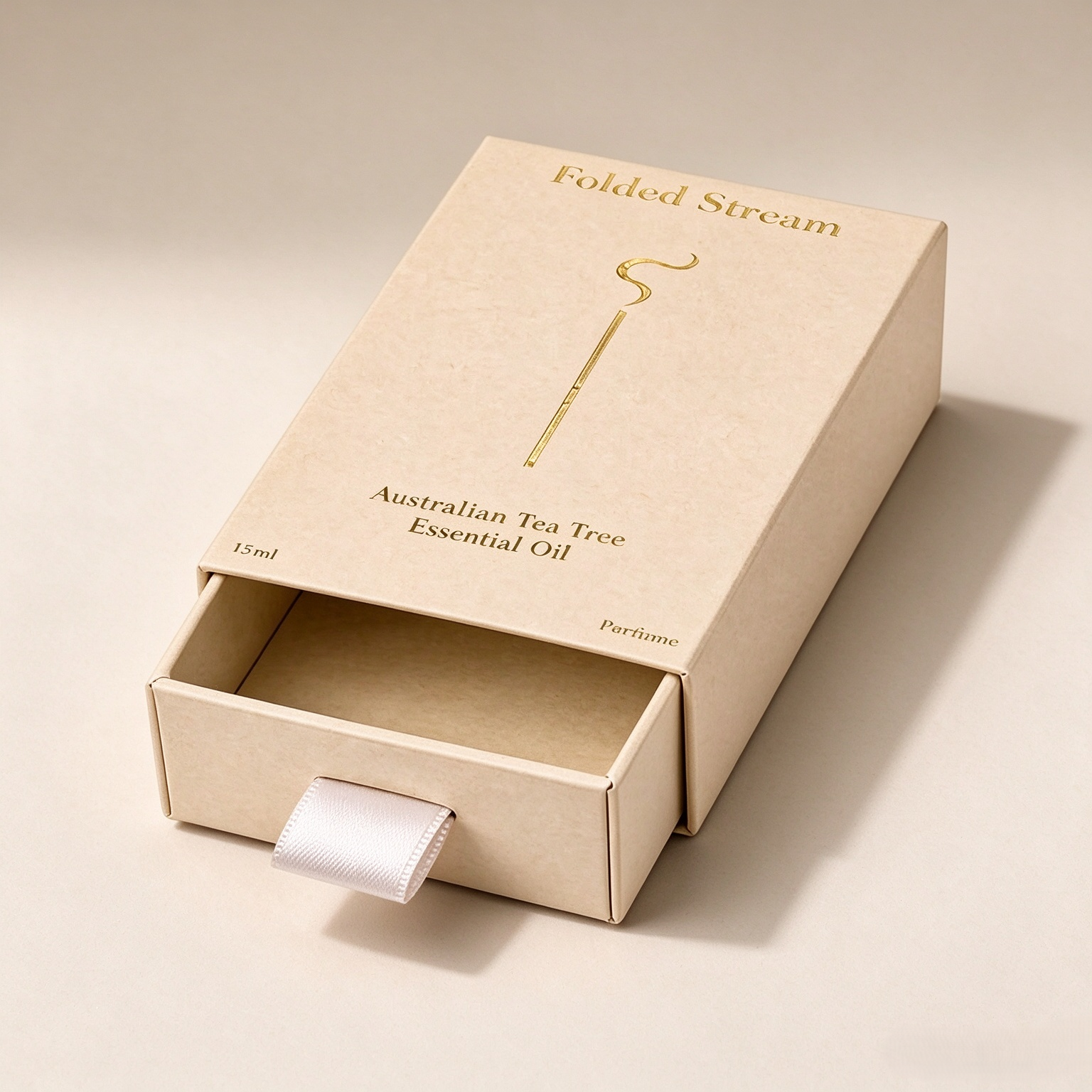 Luxury Grass Paper Drawer Perfume Box, Custom Gold Foil Logo Essential Oil Gift Box With Ribbon Pull Tab