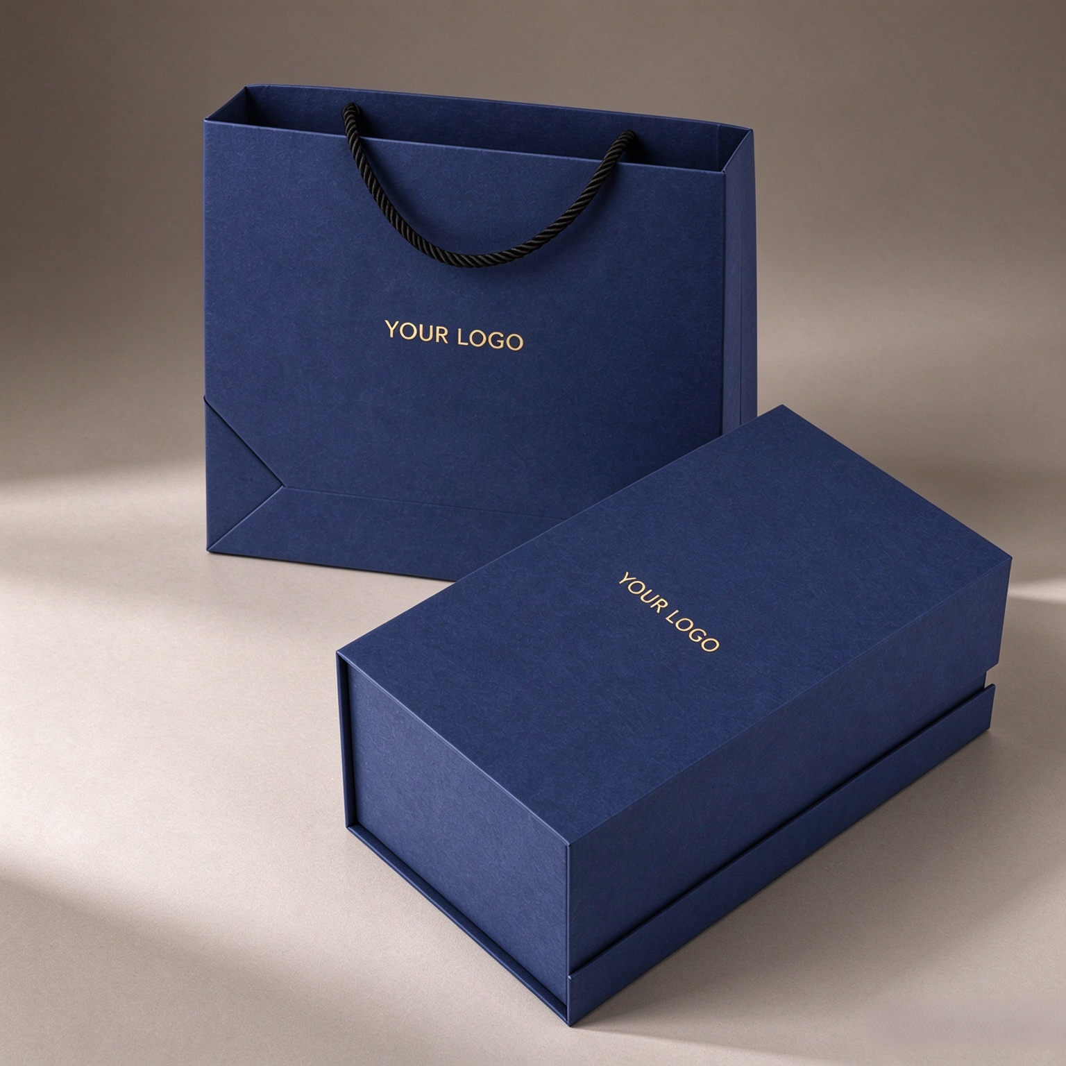 Custom Navy Blue Magnetic Flip Gift Box with Matching Paper Bag, Cajas Personalizadas